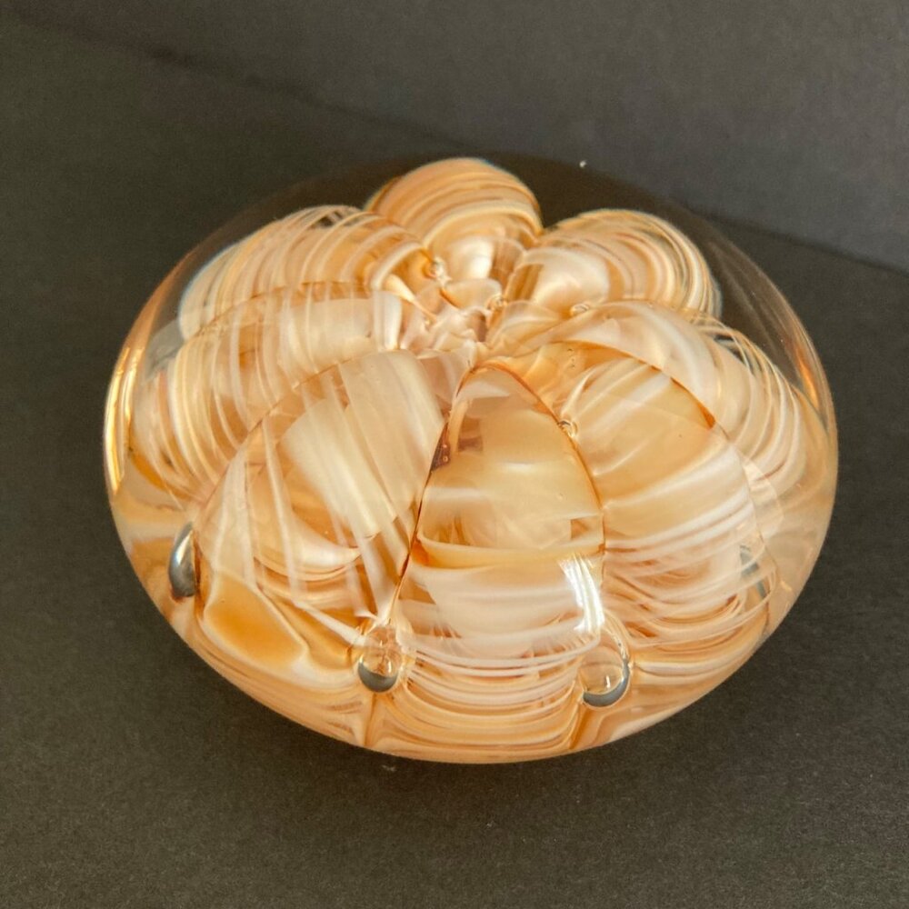 Joe Rice Art Glass Paperweight With Swirled Floral Gold Ribbon Design